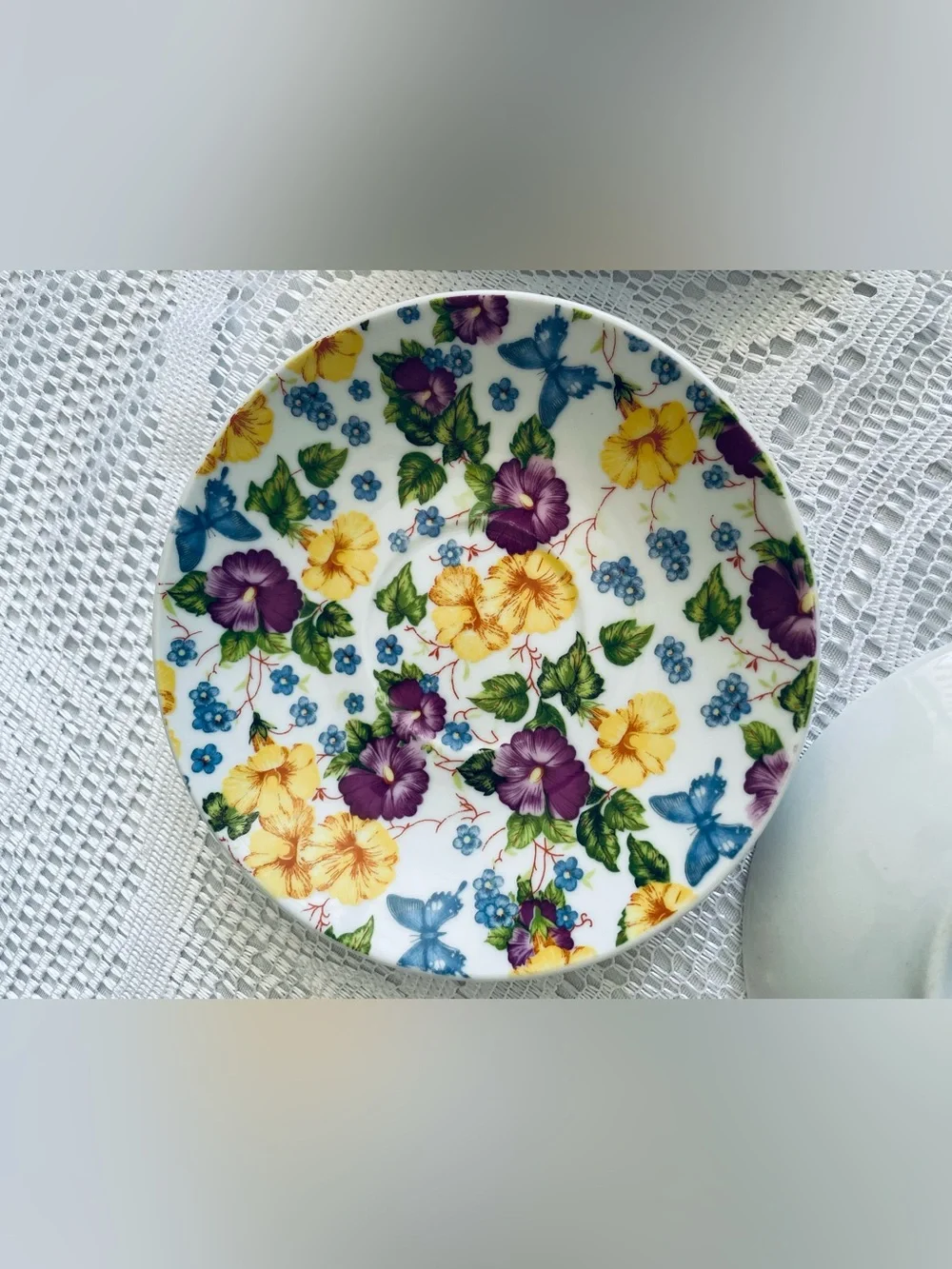 4 Floral Paris Porcelain Tea Saucer Set - White with Purple & Yellow Flowers